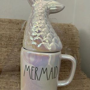 Rae Dunn Mermaid Ceramic Pink Iridescent Ceramic Mug & Mermaid Tail Topper New